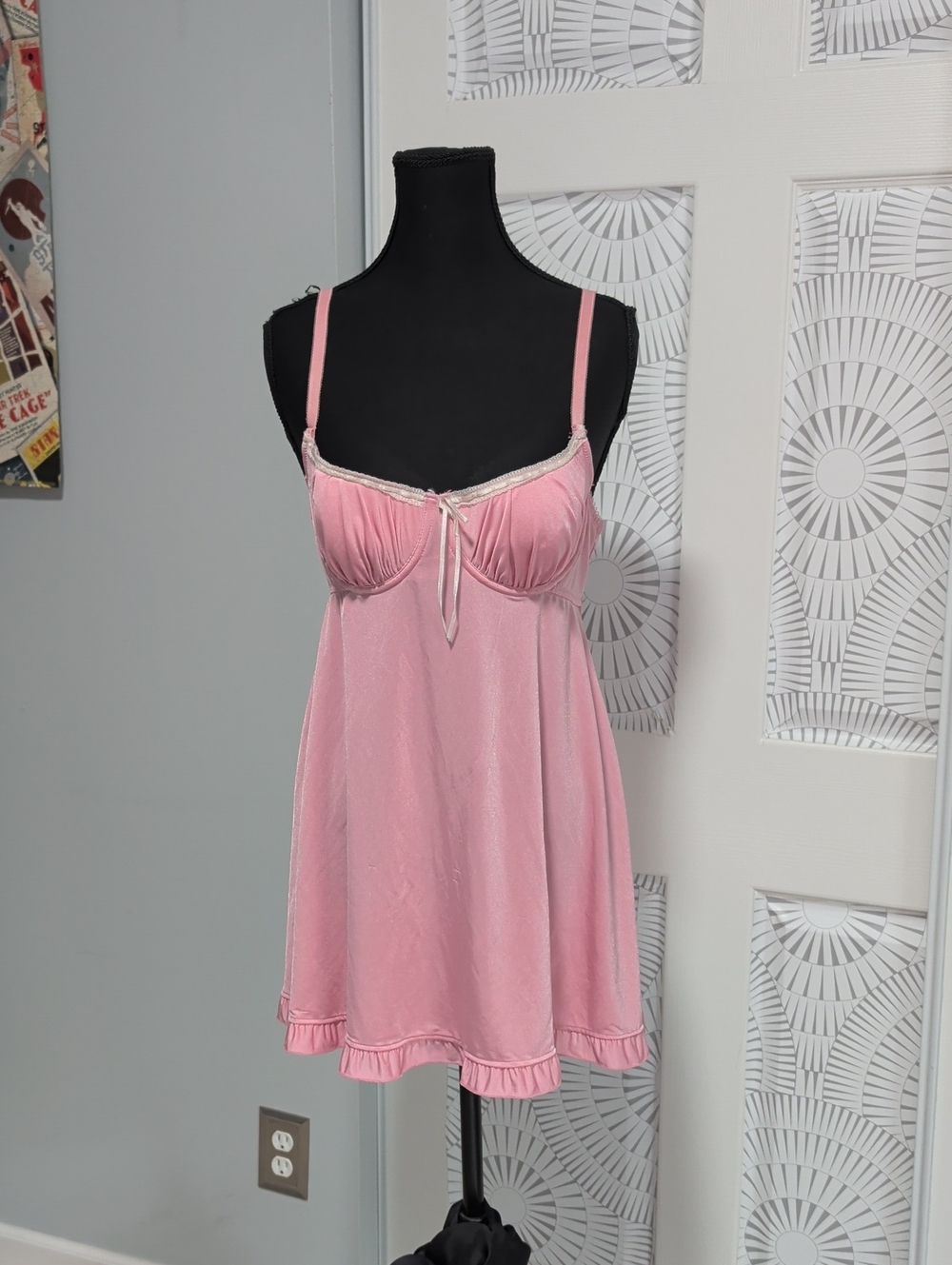 Pink Satin Babydoll Chemise with Ruffle Hem